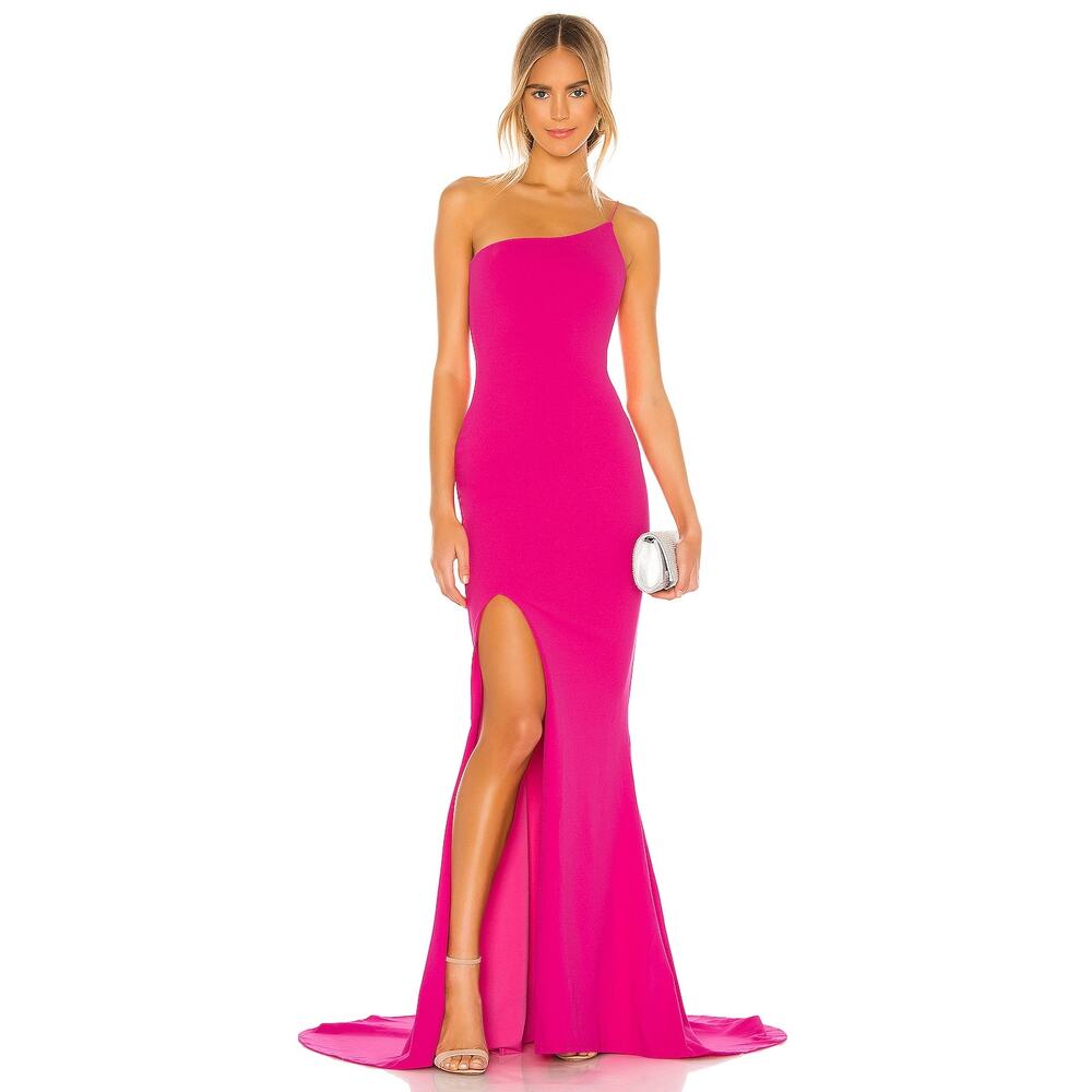 Nookie Jasmine One Shoulder Gown Neon Pink Side Slit Sleeveless Dress Sz L